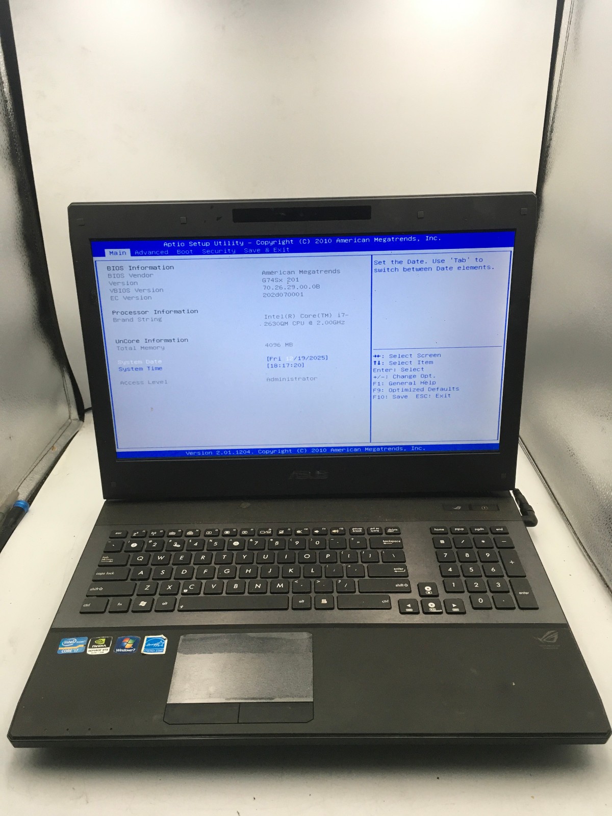 ASUS ROG G74S - BOOTS TO BIOS - INTEL I7 2630QM - NO RAM - 17" - NO OS -READ- BB