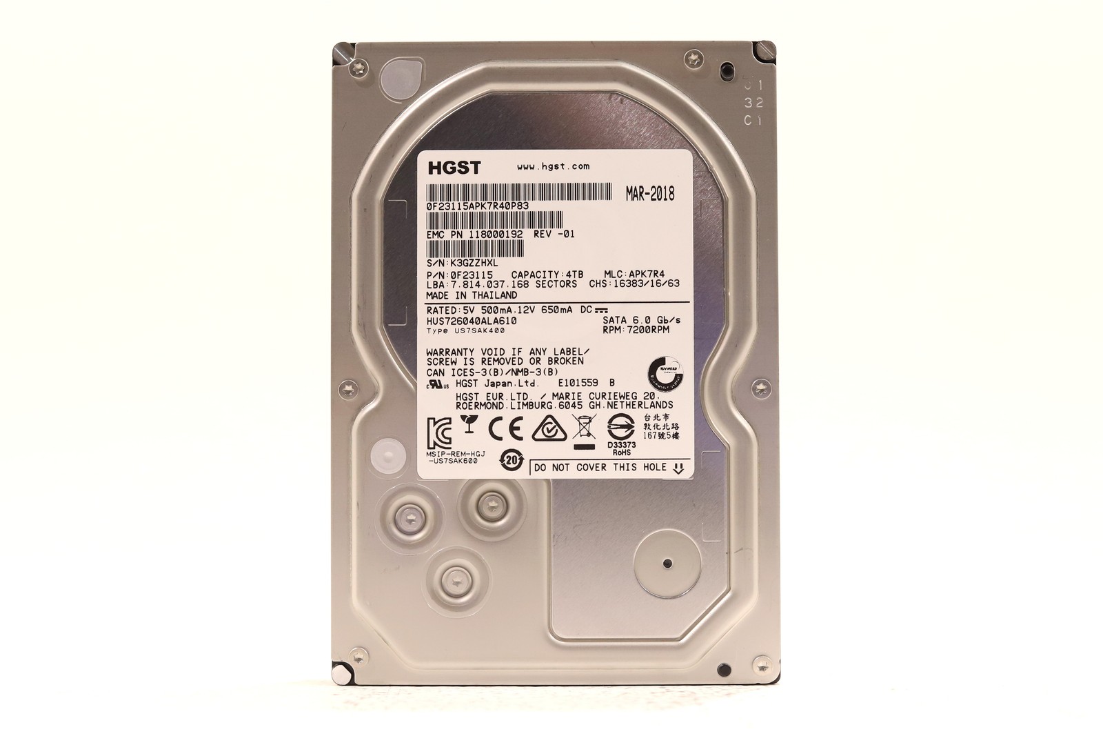 EMC HUS726040ALA610 4TB 3.5" 6Gb/s 7.2K RPM SATA Hard Drive P/N:118000192 Tested