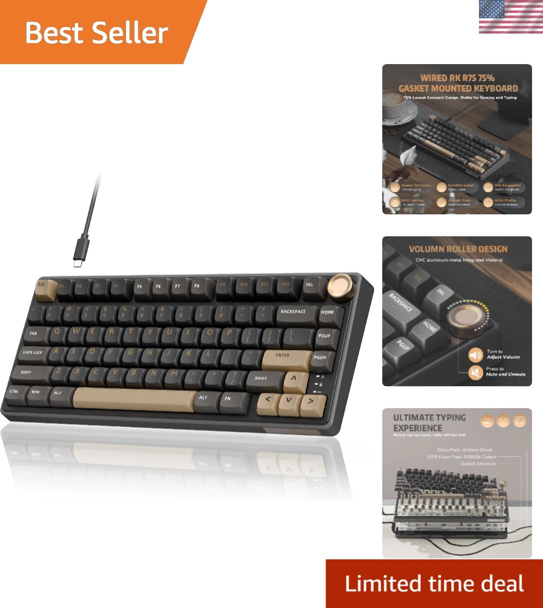 Stylish R75 Wired Mechanical Keyboard with Volume Control & Customizable RGB