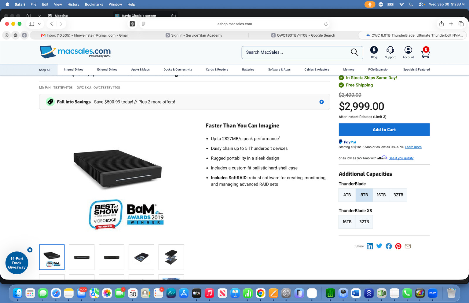 OWC 8TB ThunderBlade Thunderbolt 3 NVMe RAID SSD External 8TB with Travel Case