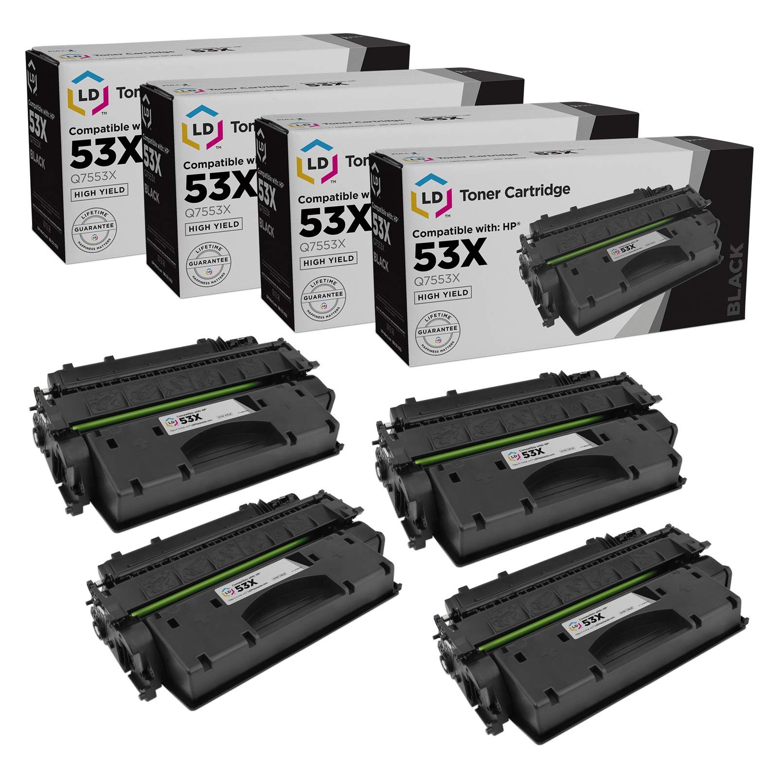 LD Compatible for HP 53X/Q7553X Set of 4 High Yield Black Toner Cartridges