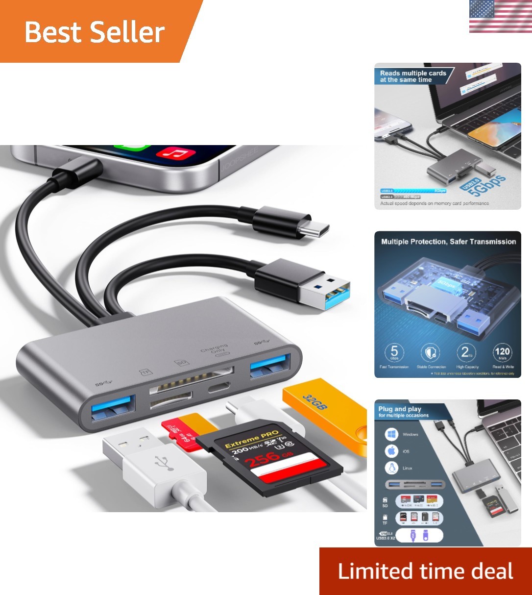 Versatile 5-in-1 Card Reader for Quick File Transfers - USB C & A Compatible