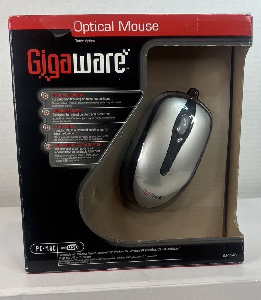 Gigaware Wired Optical Mouse With USB PS/2 Adapter Blue Light Scroll Wheel