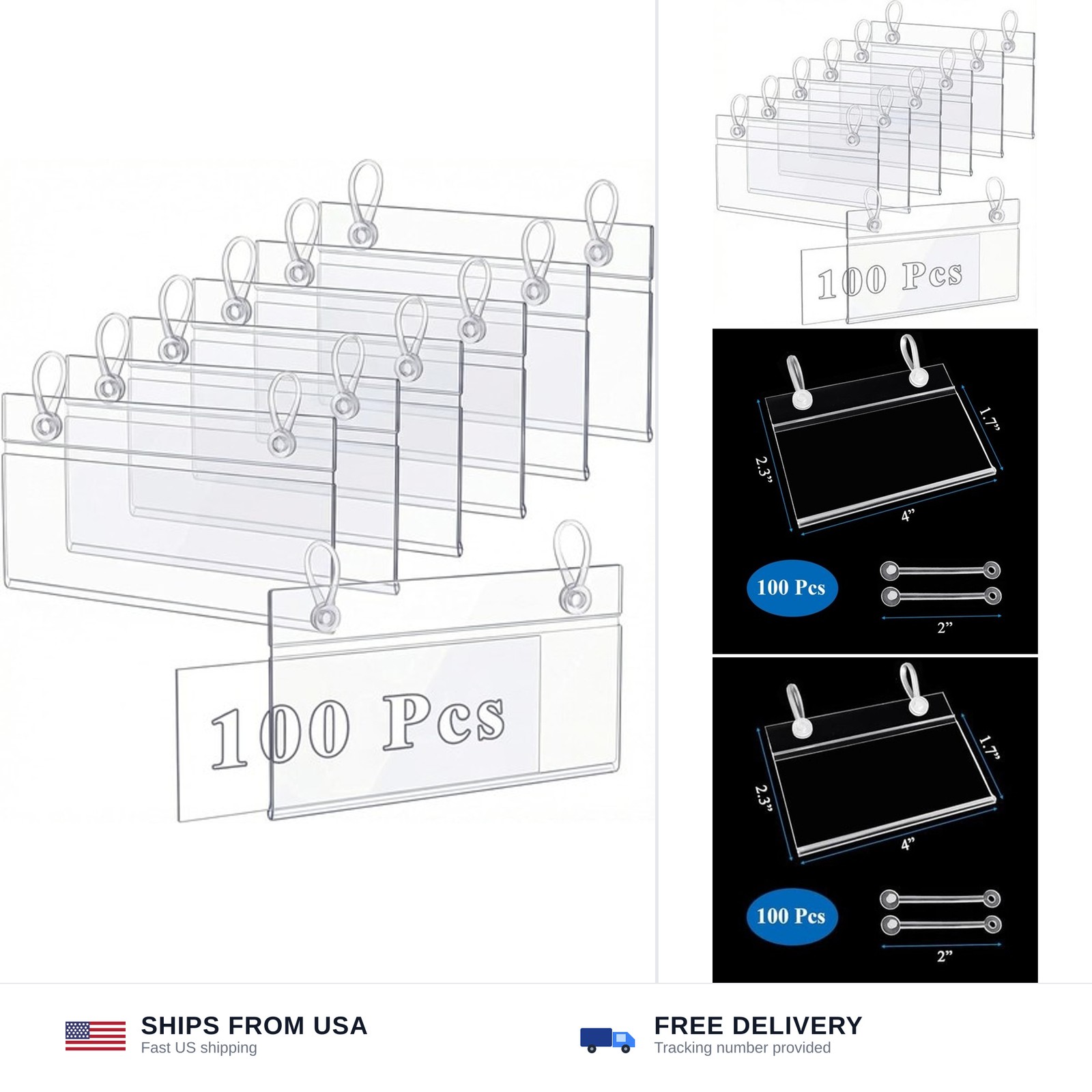 Elsjoy 100 Pack Plastic Wire Shelf Label Holders, 4" x 2.3" Clear Price Tag H...