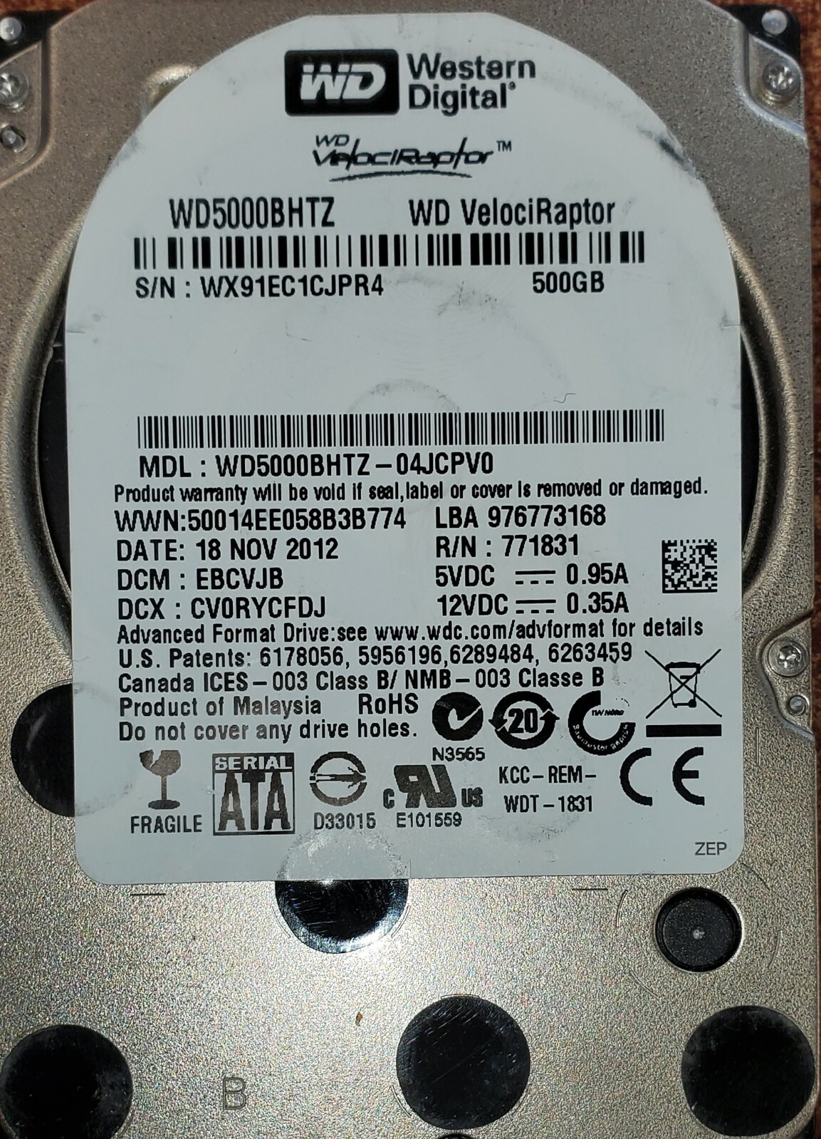 WD VelociRaptor WD5000BHTZ 500GB 10K RPM 64MB 6Gbps SATA 2.5" Hard Drive