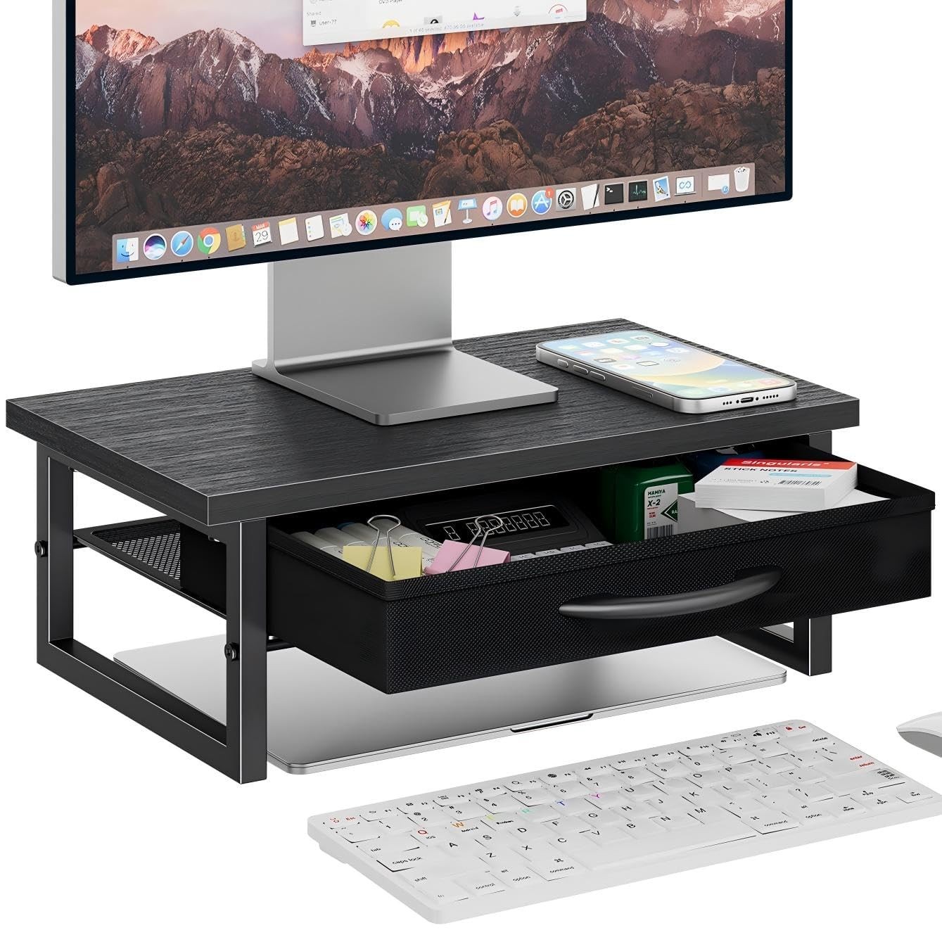 2 Tier Monitor Stand with Fabric Drawer, Wood and Metal Desk Organizer Riser