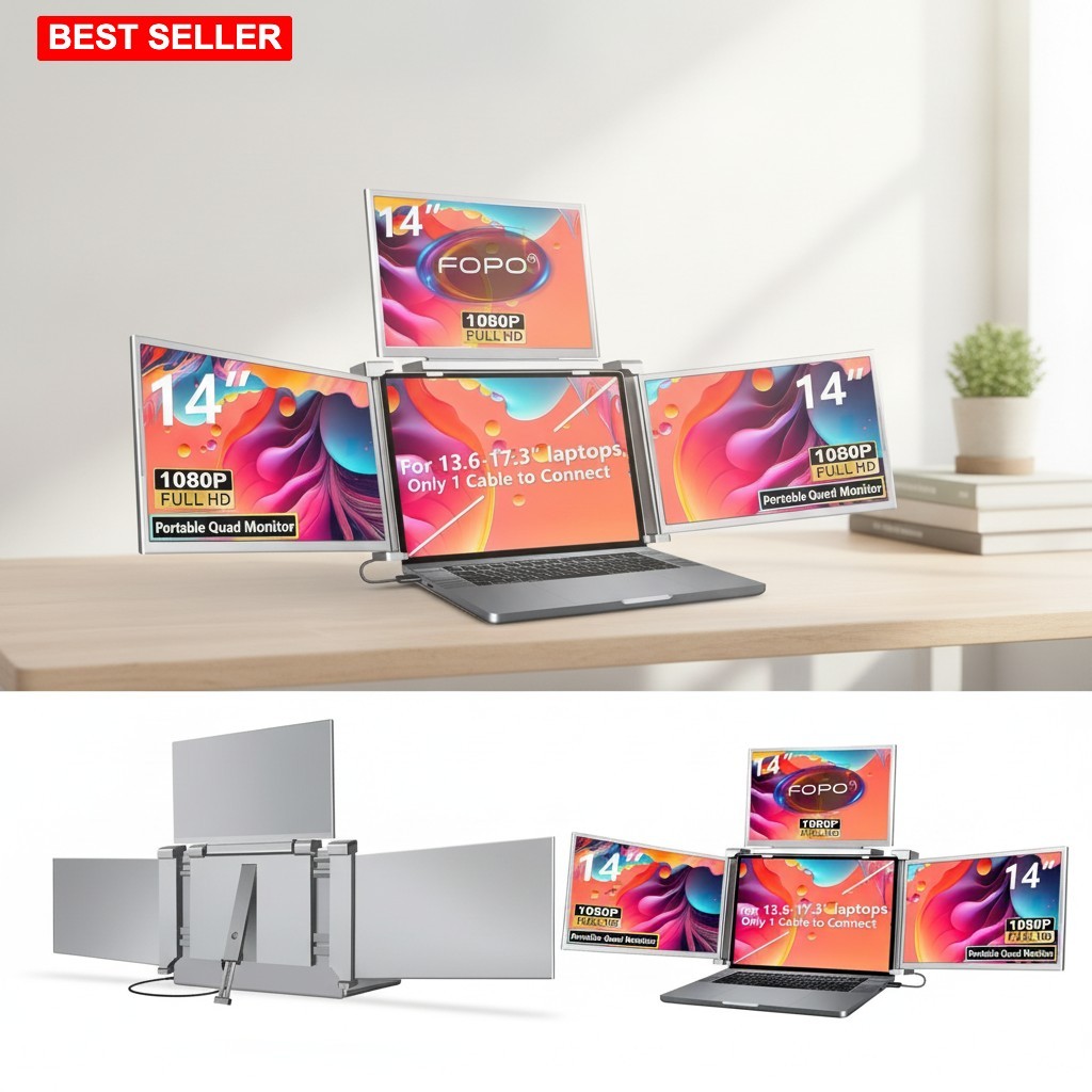 Quad Laptop Screen Extender 14 In 1080P IPS One-Cable Setup Mobile Workstation