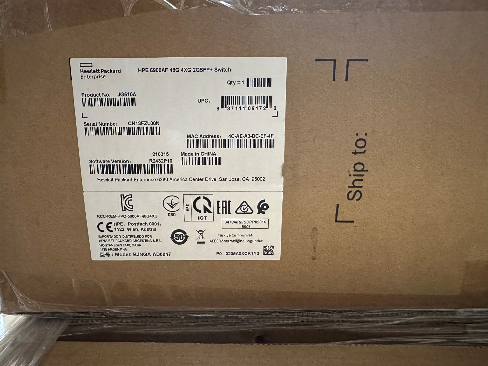 JG510A HP 5900AF-48G-4XG-2QSFP+ Switch  - Brand New Sealed
