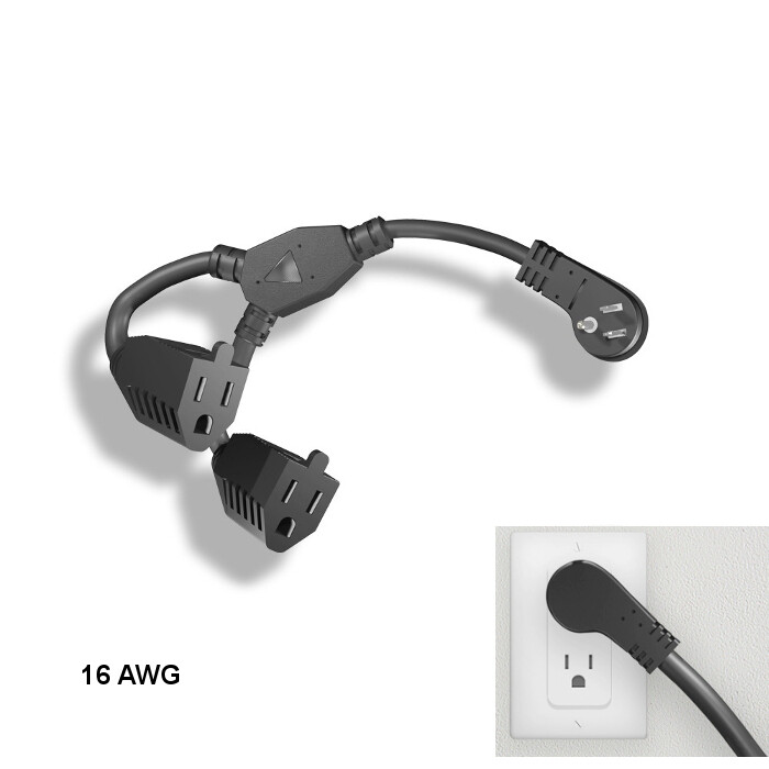 10x 1ft 16 AWG Low Profile Angled Power Y Cord NEMA5-15P to NEMA5-15R x2