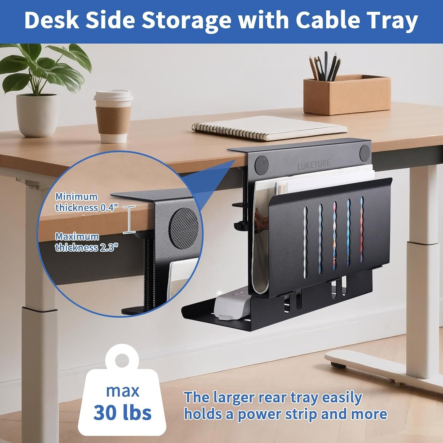  Desk Side Storage, Laptop Holder with Cable Management Tray, 2 in 1