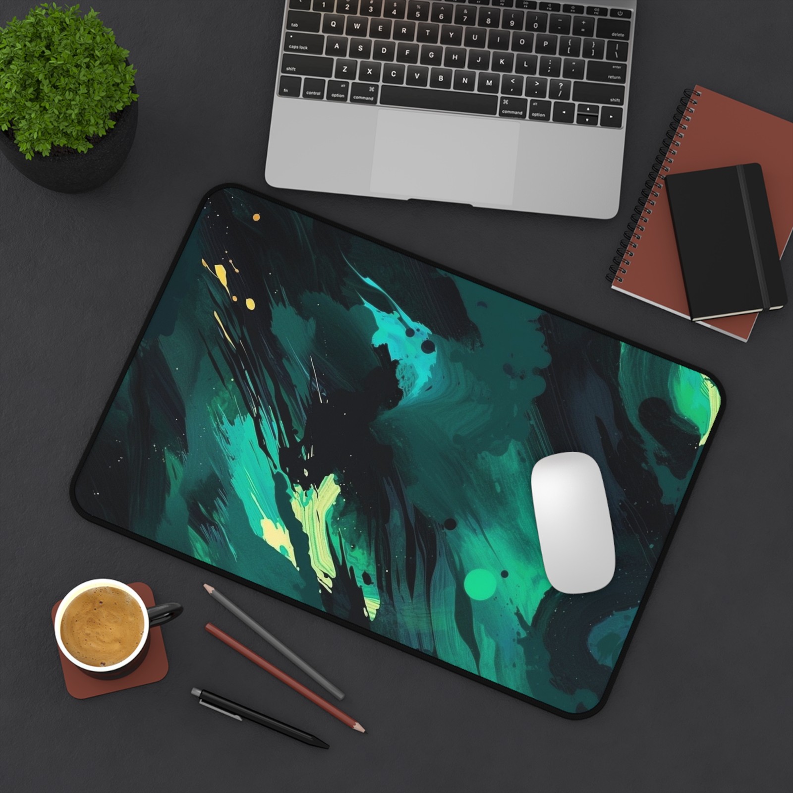 Teal Abstract Ink Swirl Desk Mat | Galaxy Brushstroke Mousepad