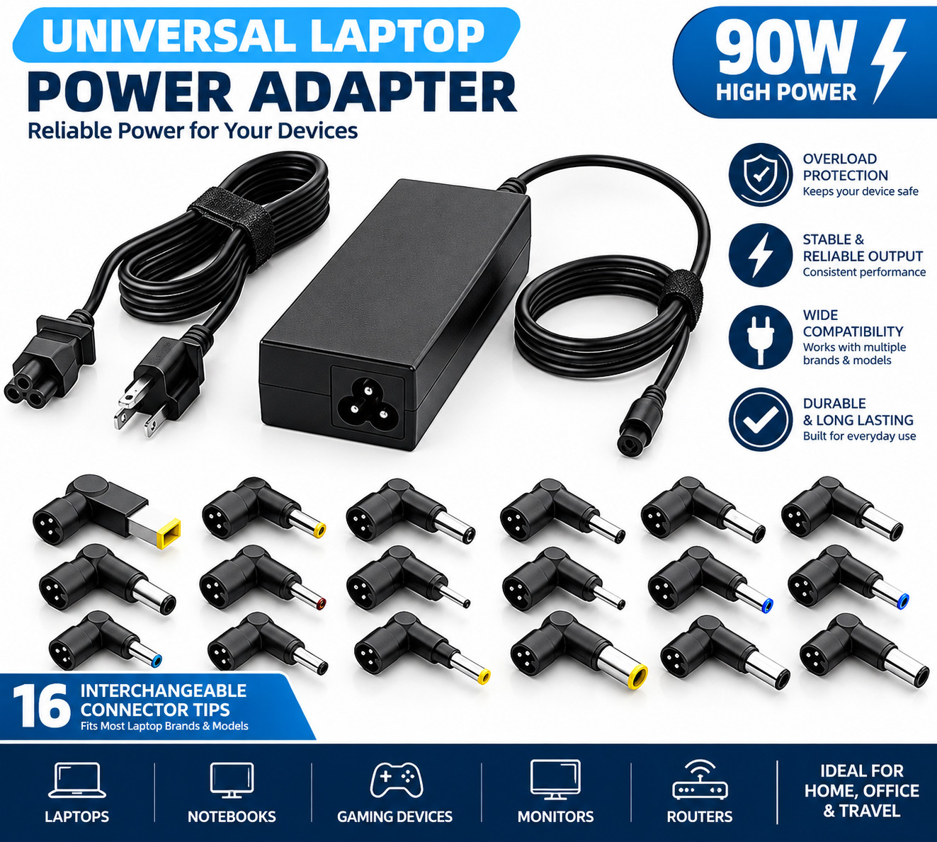 Universal AC Adapter Power Supply Charger Multiple DC Tips Laptop Electronics