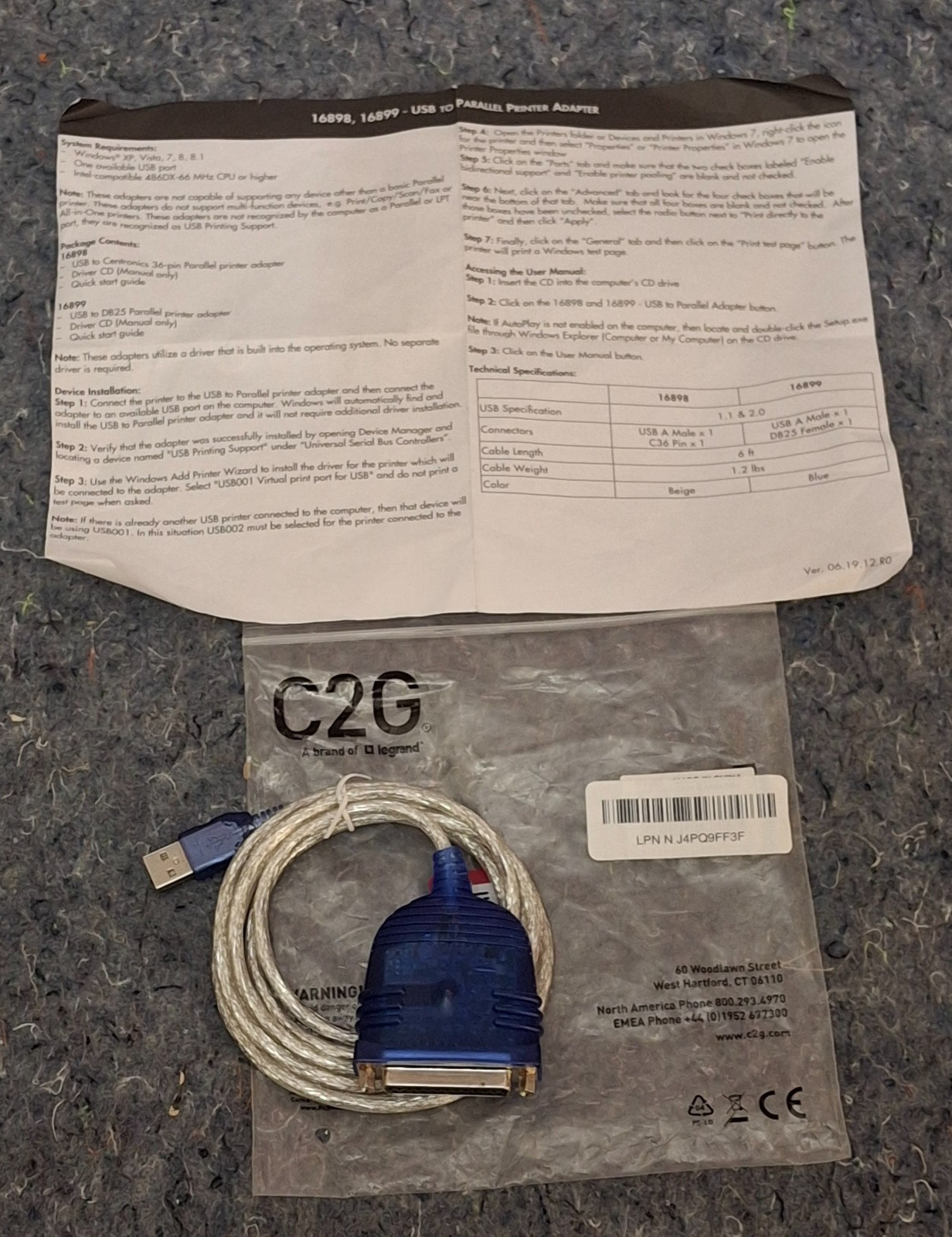 Legrand C2G USB Parallel Printer Serial Adapter Cable 26886 16898 16899