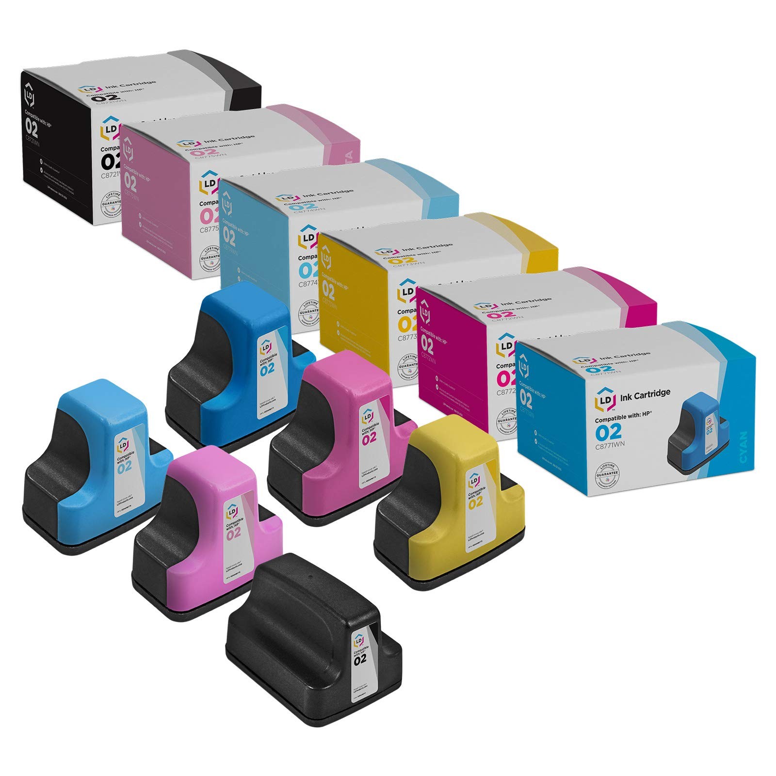 Reman Ink for HP 02 with Smart Chip (Blk, C, M, Y, Lt C, Lt M, 6-Pk)