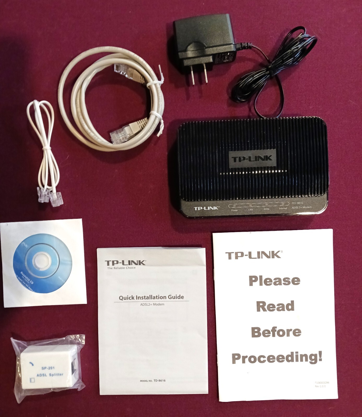 TP-Link TD-8616 ADSL2+ Modem Router With AC Adaptor Power Cord & Cables - New OB