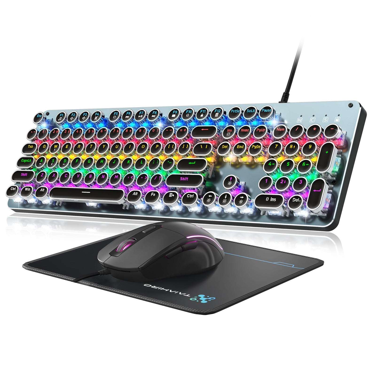 Typewriter Style Mechanical Gaming Keyboard Blue Switch, Rainbow LE... Fast Ship