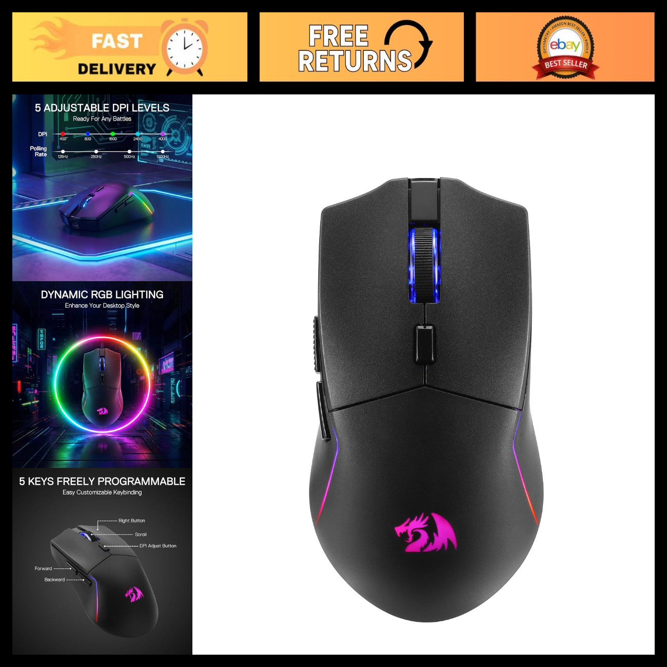 Wireless RGB Gaming Mouse - Lightweight, 10000 DPI, Ergonomic Design, Pro Perfor