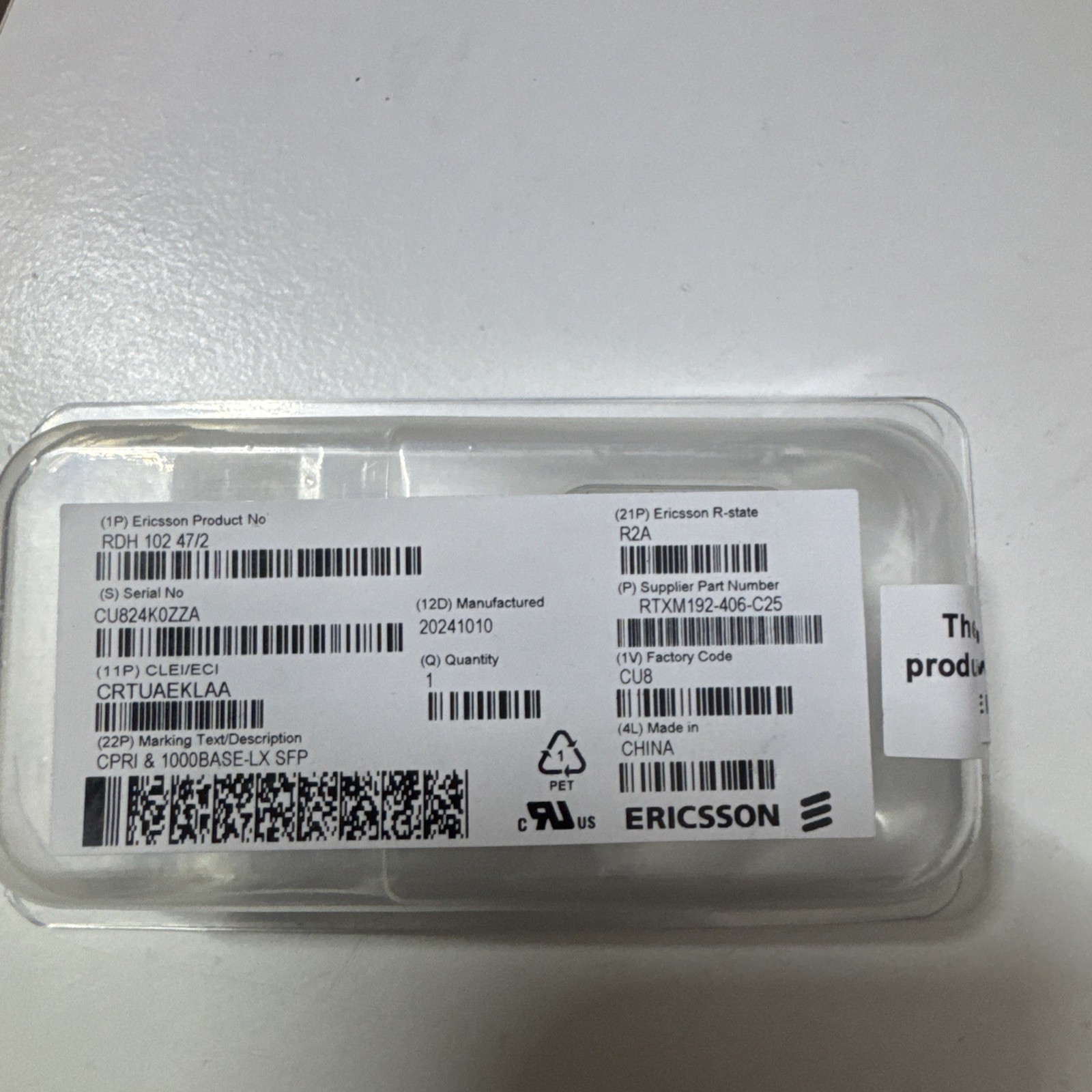 Ericsson 1000Base-LX SFP RDH 102 47/2 10Gb SFP+ Transceiver LCP-2488B4HDRM-E