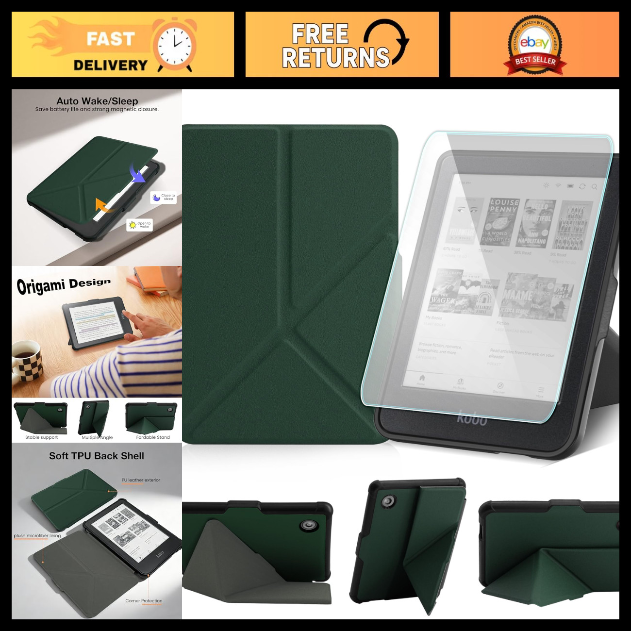 Stand Case & Screen Protector for Kobo Clara, Clara BW, Clara 2E - Durable & Sty