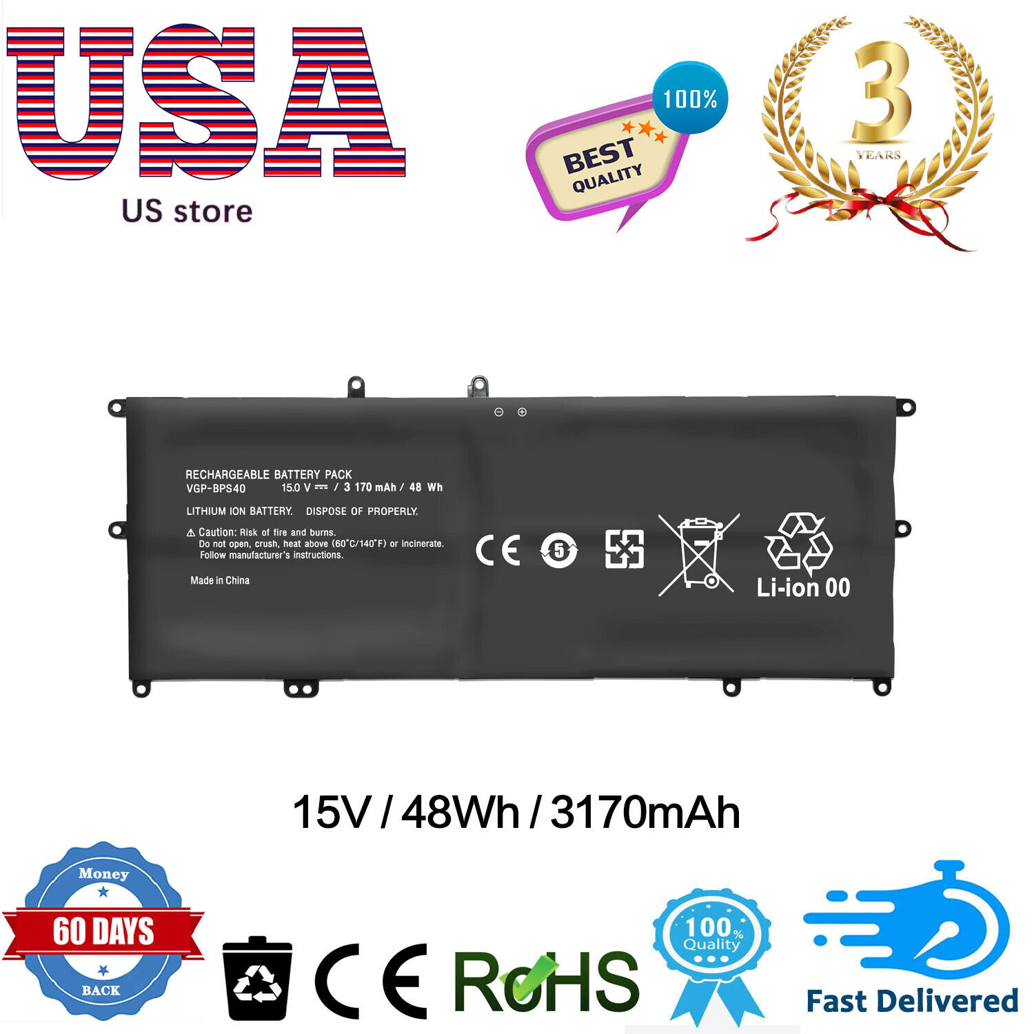 Rechargeable Battery Pack 15V 48Wh for Sony Vaio Flip SVF 14A 15A VGP-BPS40 FAST