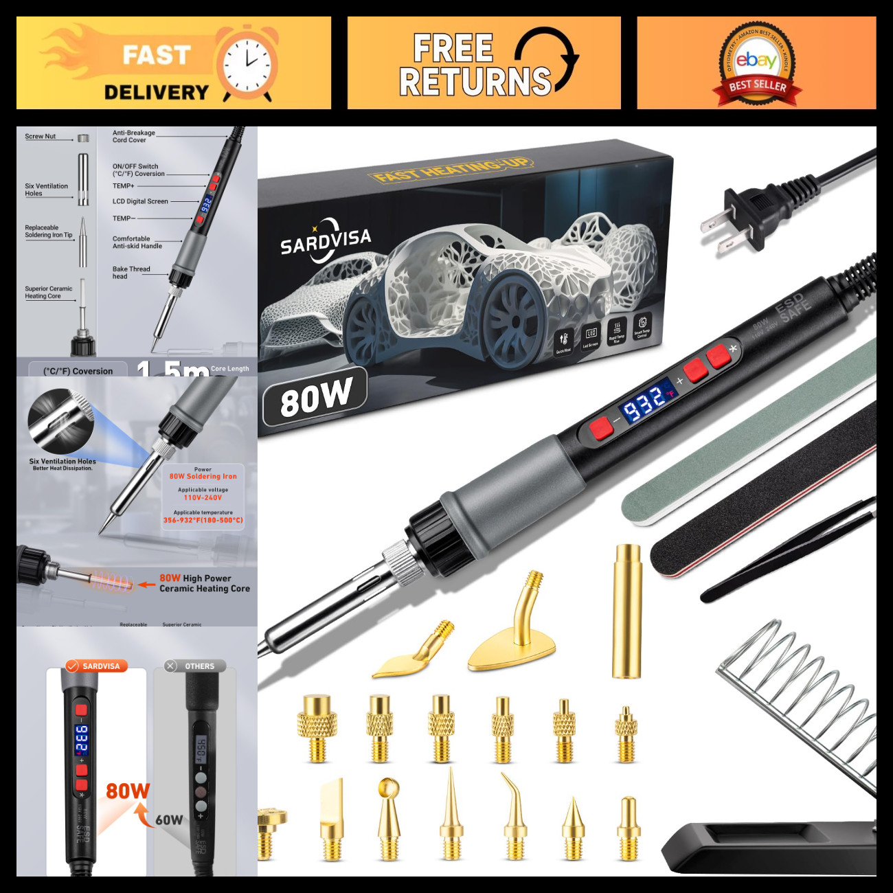 22-in-1 3D Printer Smoothing Tool Kit with Soldering Tips & 80W Power