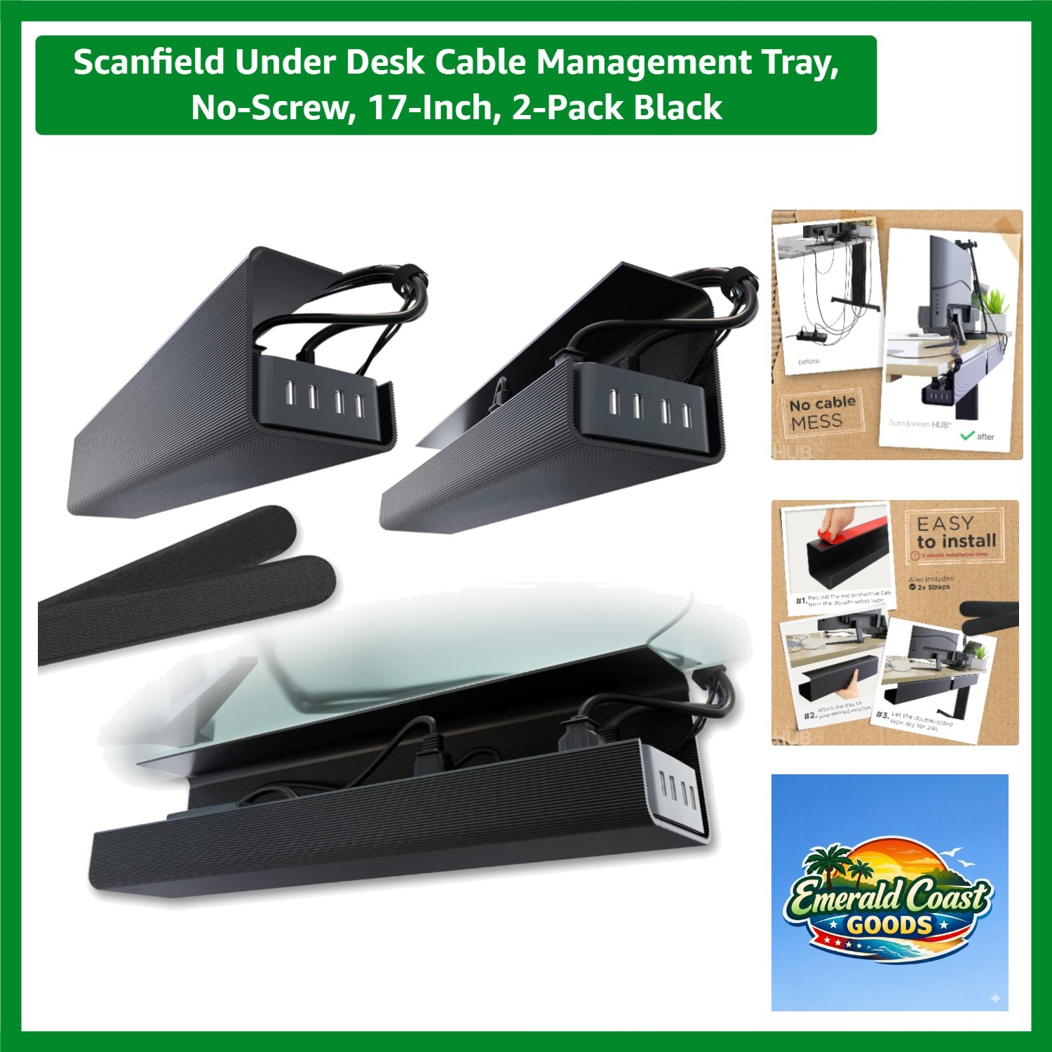2-Pack Modern Under Desk Cable Management Trays – Easy Installation, No Screws