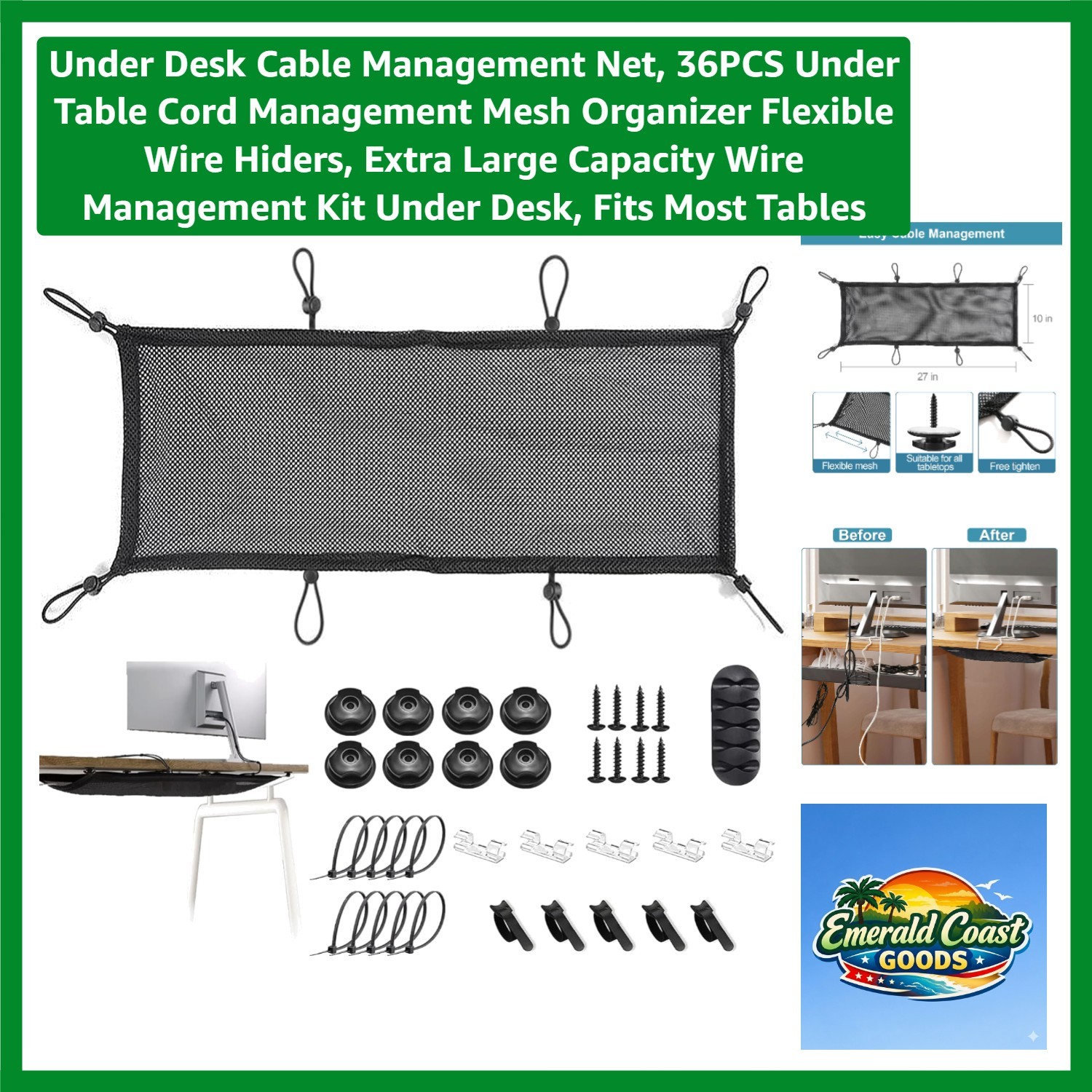 Extra Large Under Desk Mesh Cable Organizer - 36 Pieces for Seamless Tidy Spaces