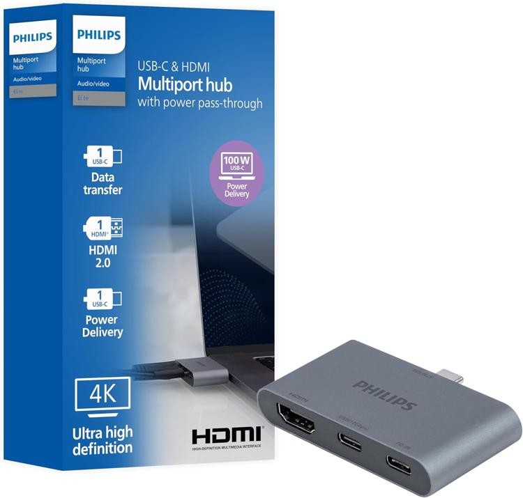 Philips USB-C Multiport Hub, with 4K HDMI Display, 10bps and 2 5Gbps USB-A Data