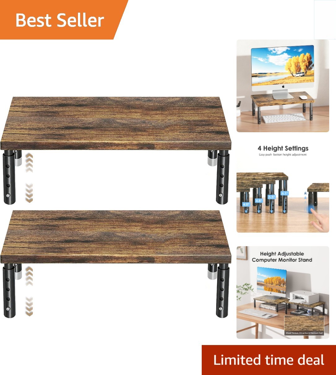 Dual-Pack Adjustable Monitor Stand - Stylish Wood Organizer, Supports 44 lbs