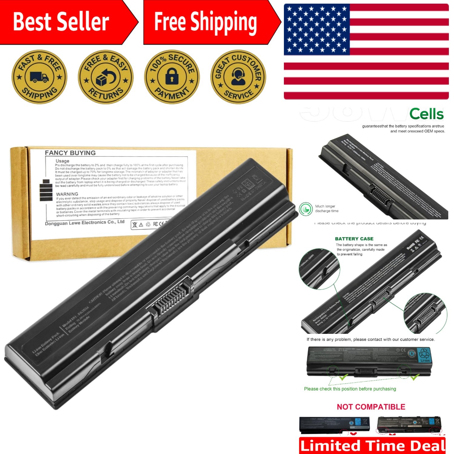 Durable 6 Cell Lithium Battery for Toshiba Satellite L300 L305 Series - 5200mAh