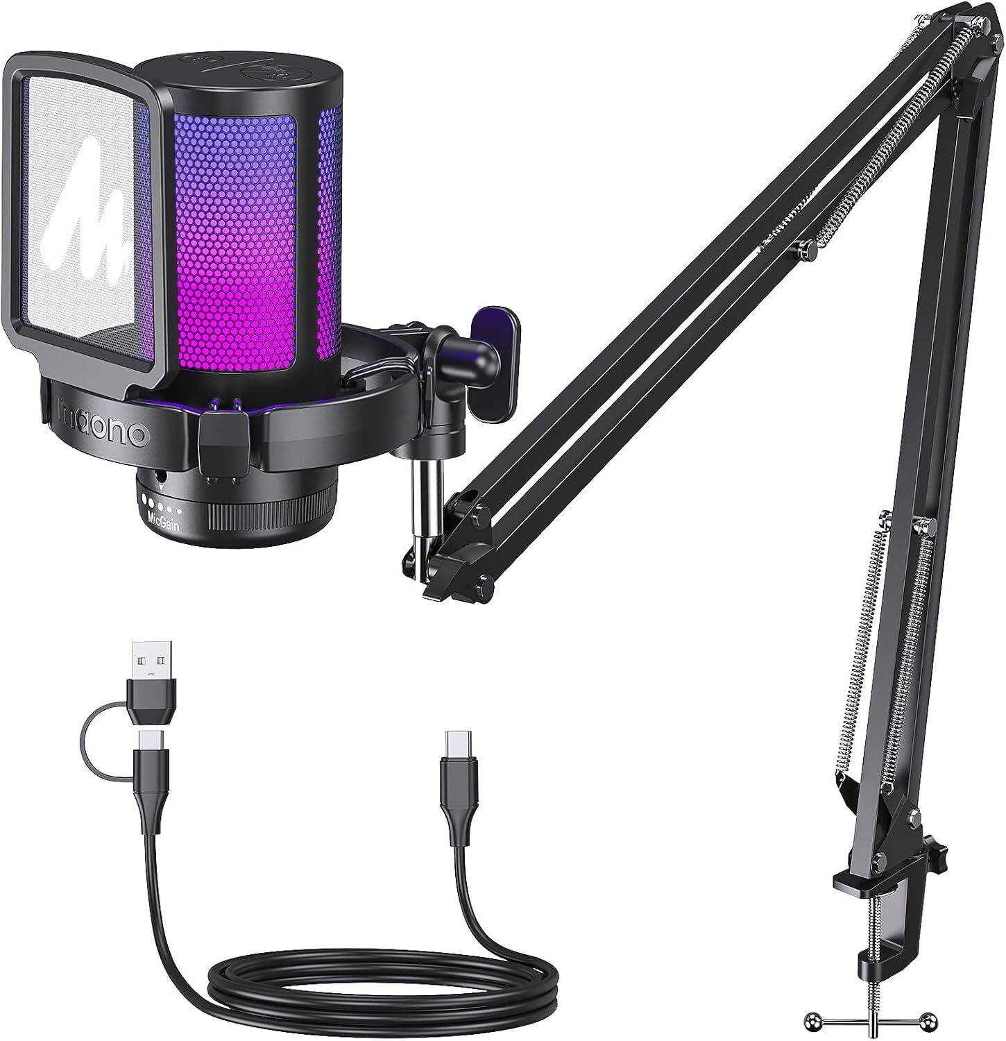 MAONO Gaming USB Microphone Noise Cancellation Condenser Mic & Boom Arm Mute