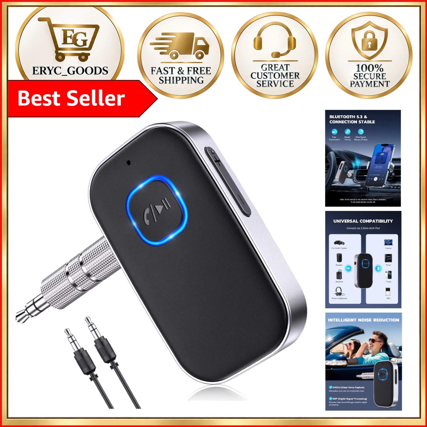 Compact Bluetooth Car Adapter with Long Battery Life & CVC8.0 Noise Reduction