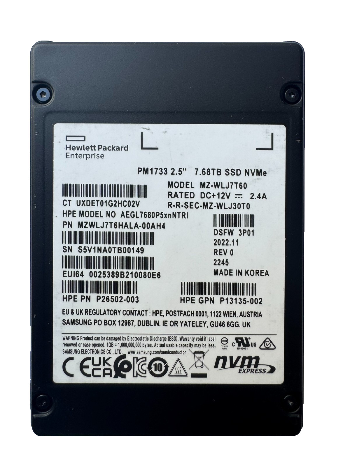 HPE SAMSUNG PM1733 7.68TB 2.5" PCIex4 NVMe SSD/Low HOURs/Perfect 100% HEALTH