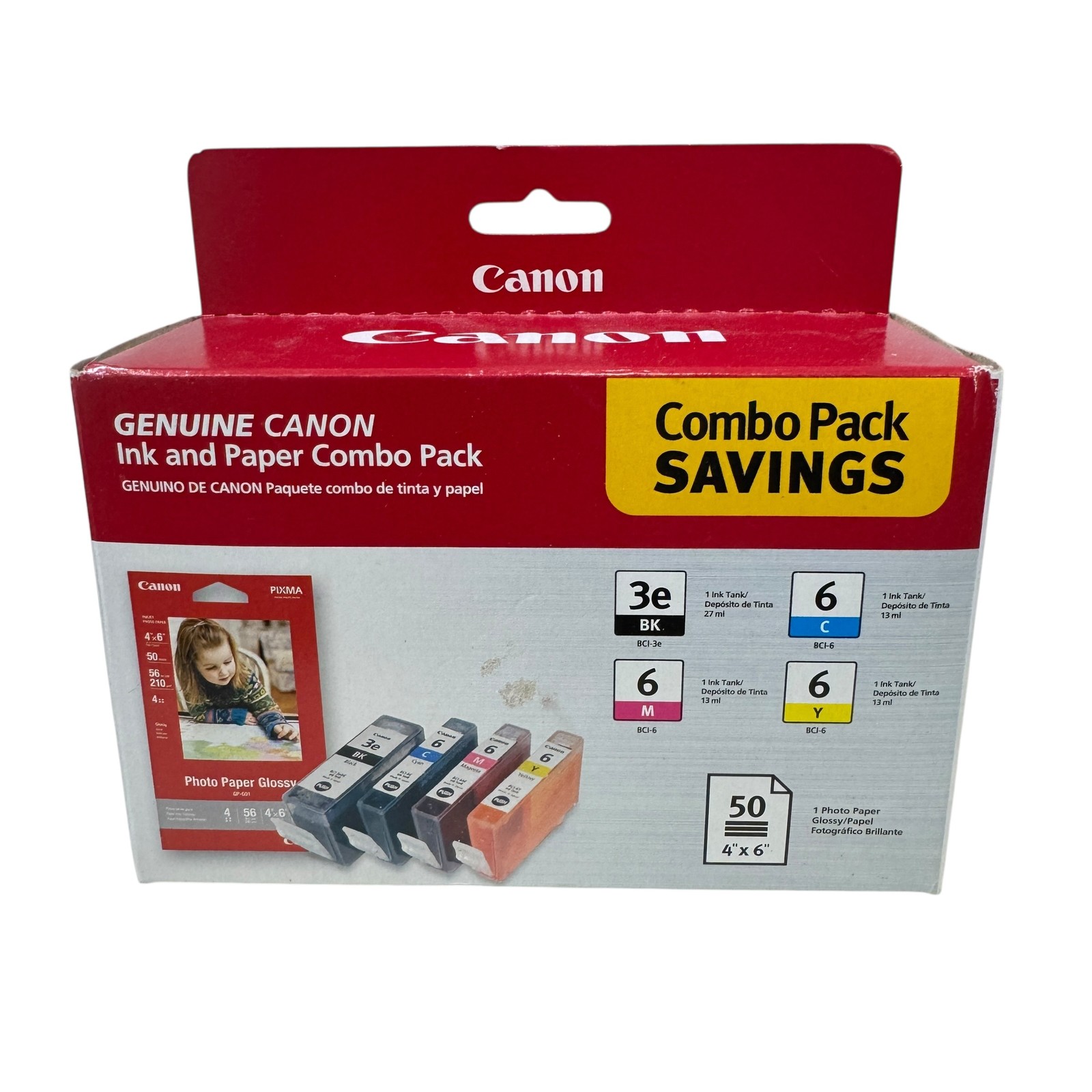 Genuine Canon Ink & Photo Paper Combo Pack BCI-3e BK, BCI-6 C/M/Y, 4x6 Glossy