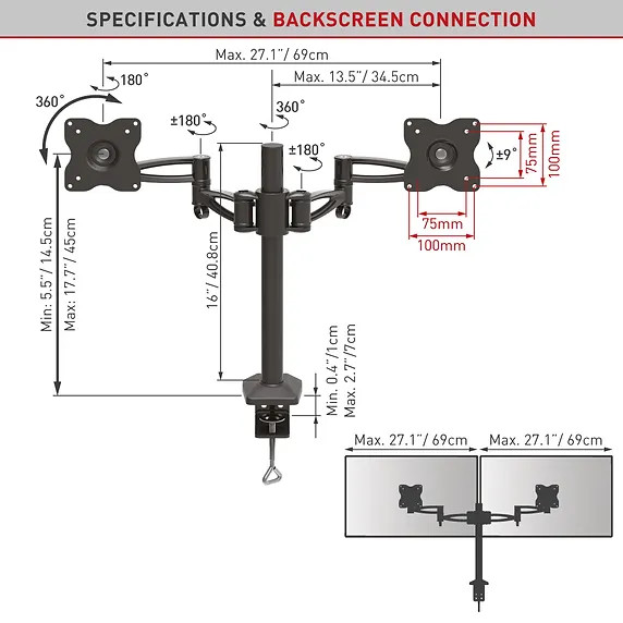 BARKAN E642 Dual Monitor Desk Mount for Flat/Curved Screens Sizes 13-32 inch