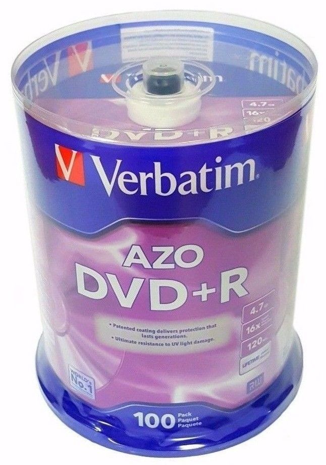 100 VERBATIM AZO Blank DVD+R Plus R 16X Branded Disc 4.7GB Spindle 95098