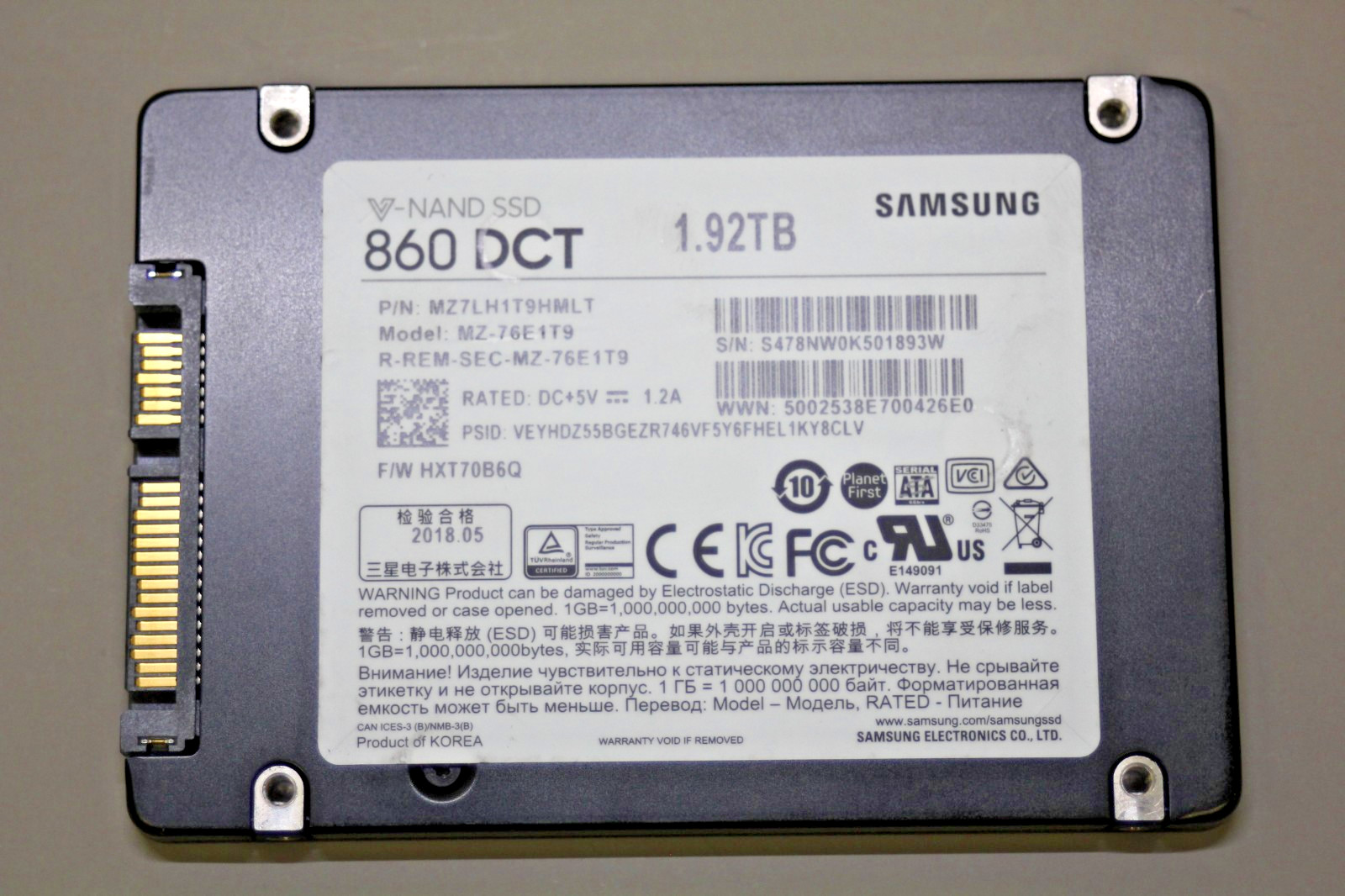 MZ-76E1T9 SAMSUNG 860 DCT 1.92TB 2.5" SATA SSD  (90-99% Health)