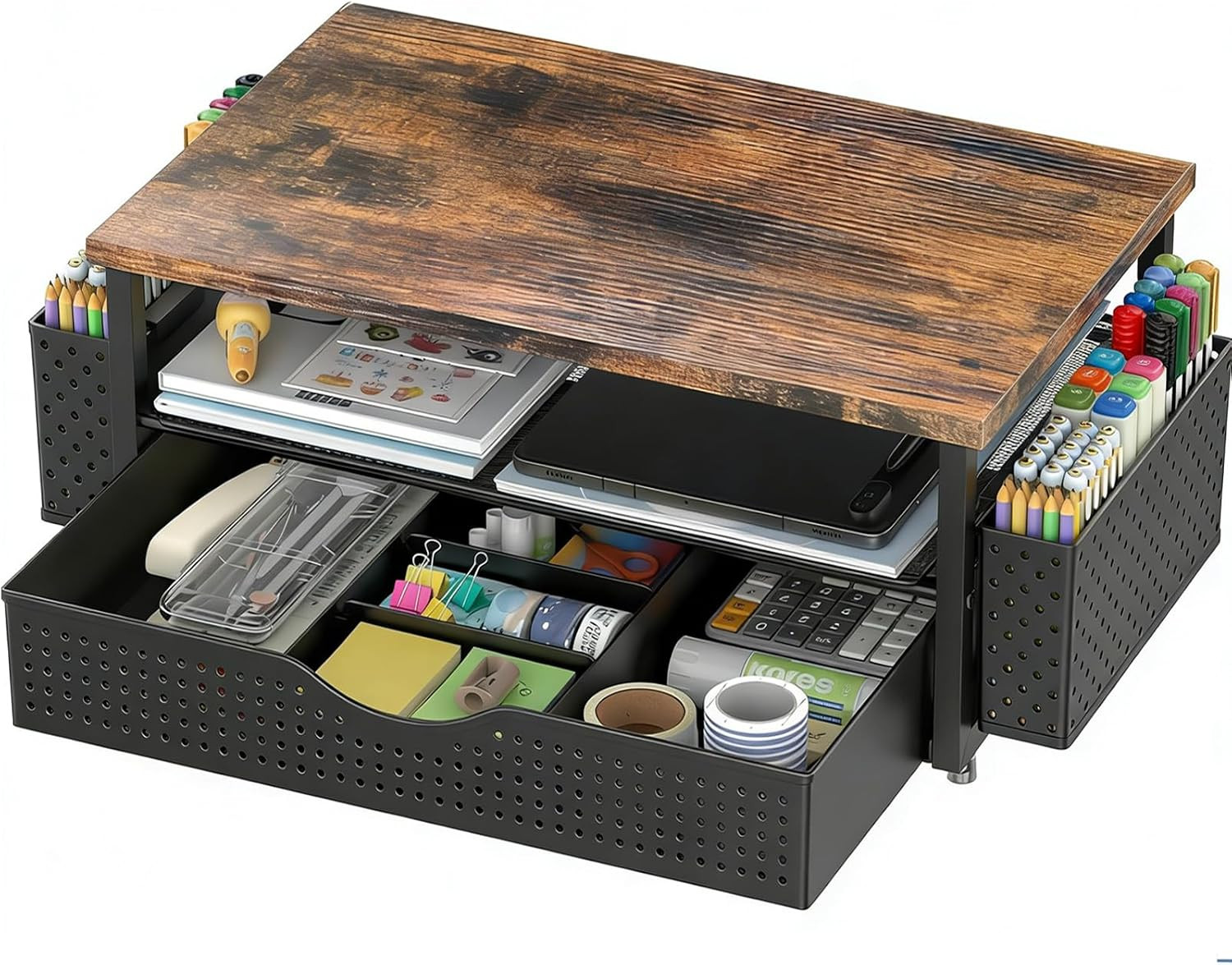 Spacrea Wood Computer Monitor Stand Riser Drawer and 2 Pen Holders