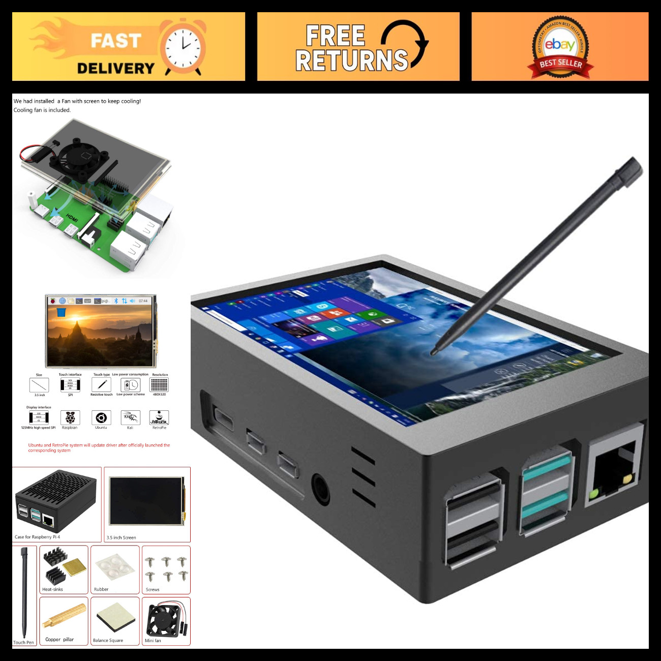 3.5" Touch Screen LCD Display for Raspberry Pi 4 with Case, Cooling Fan & Heatsi