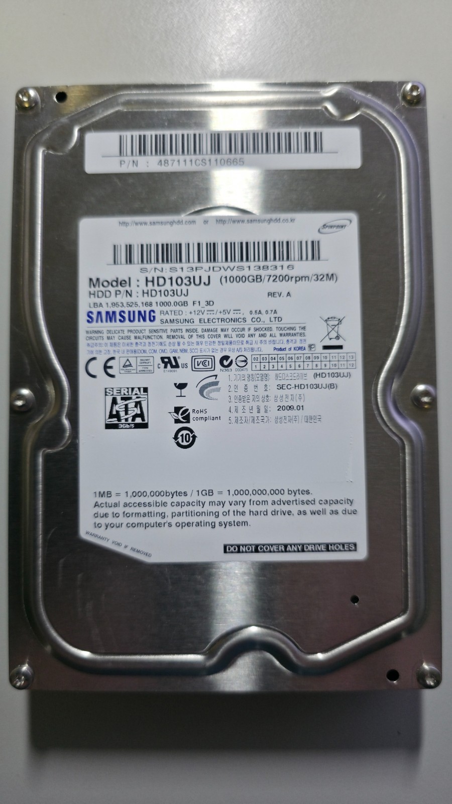HDD HARD DRIVE SAMSUNG 1TB Spinpoint F1 HD103UJ 32MB 7200rpm SATA II 3.5'' inch