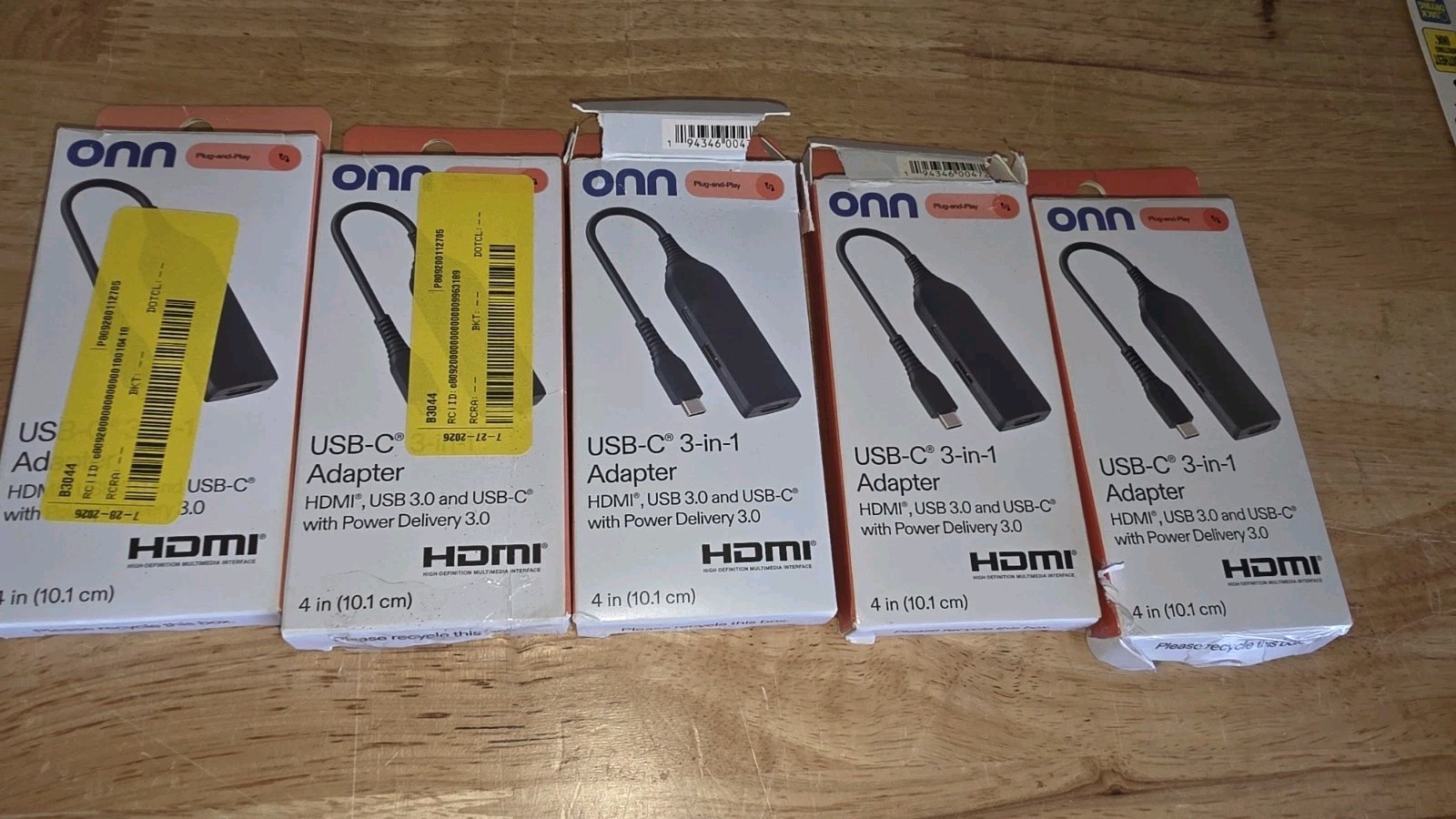 6 PACK - ONN USB-C 3-In-1 Adapter HDMI, USB 3.0, USB-C w/Power 3.0 Plug and Play
