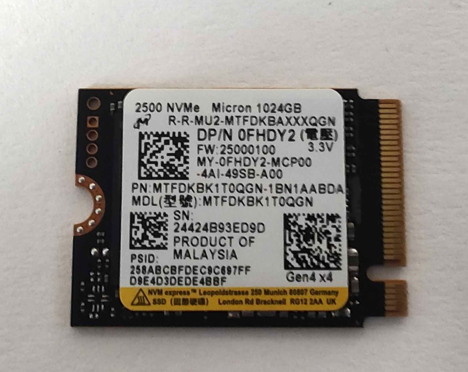 Dell (Micron MTFDKBK1T0QGN-1BN1A) 1 TB Solid State Drive - M.2 2230-S3-M FHDY2