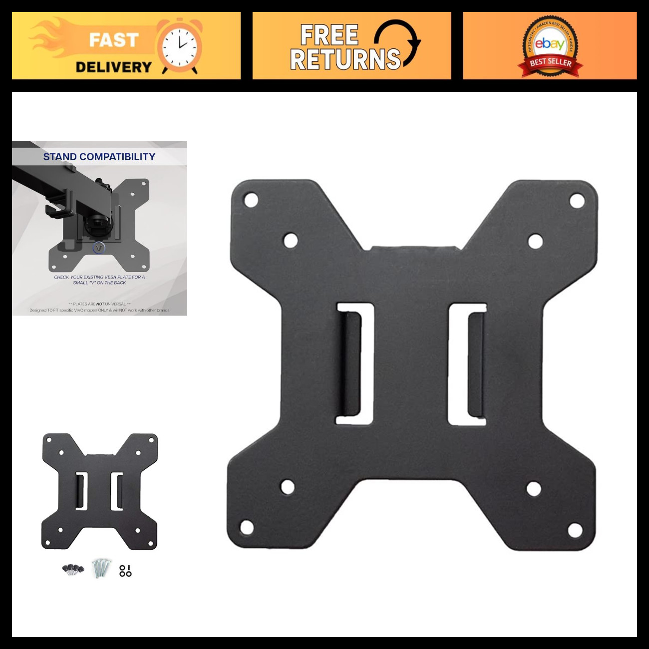 VESA Compatible Black Steel Monitor Mounting Plate Kit for TVs & Displays