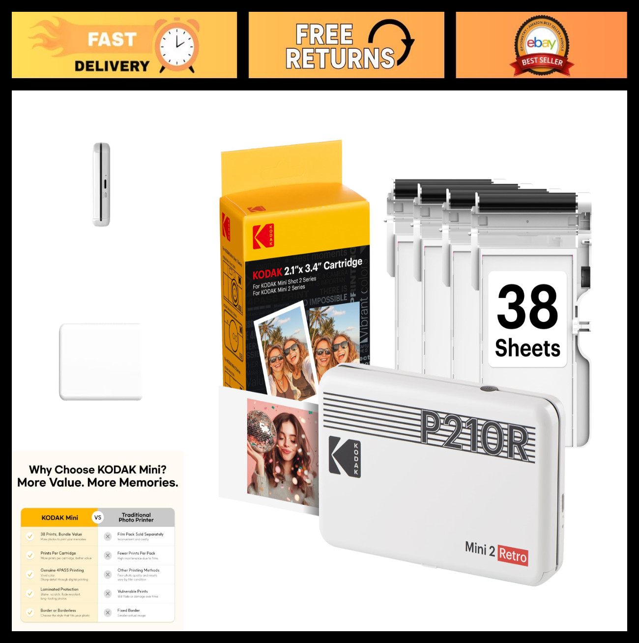 Portable 2x3 Photo Printer, 4PASS Technology, Mini Size, 38 Sheets, White