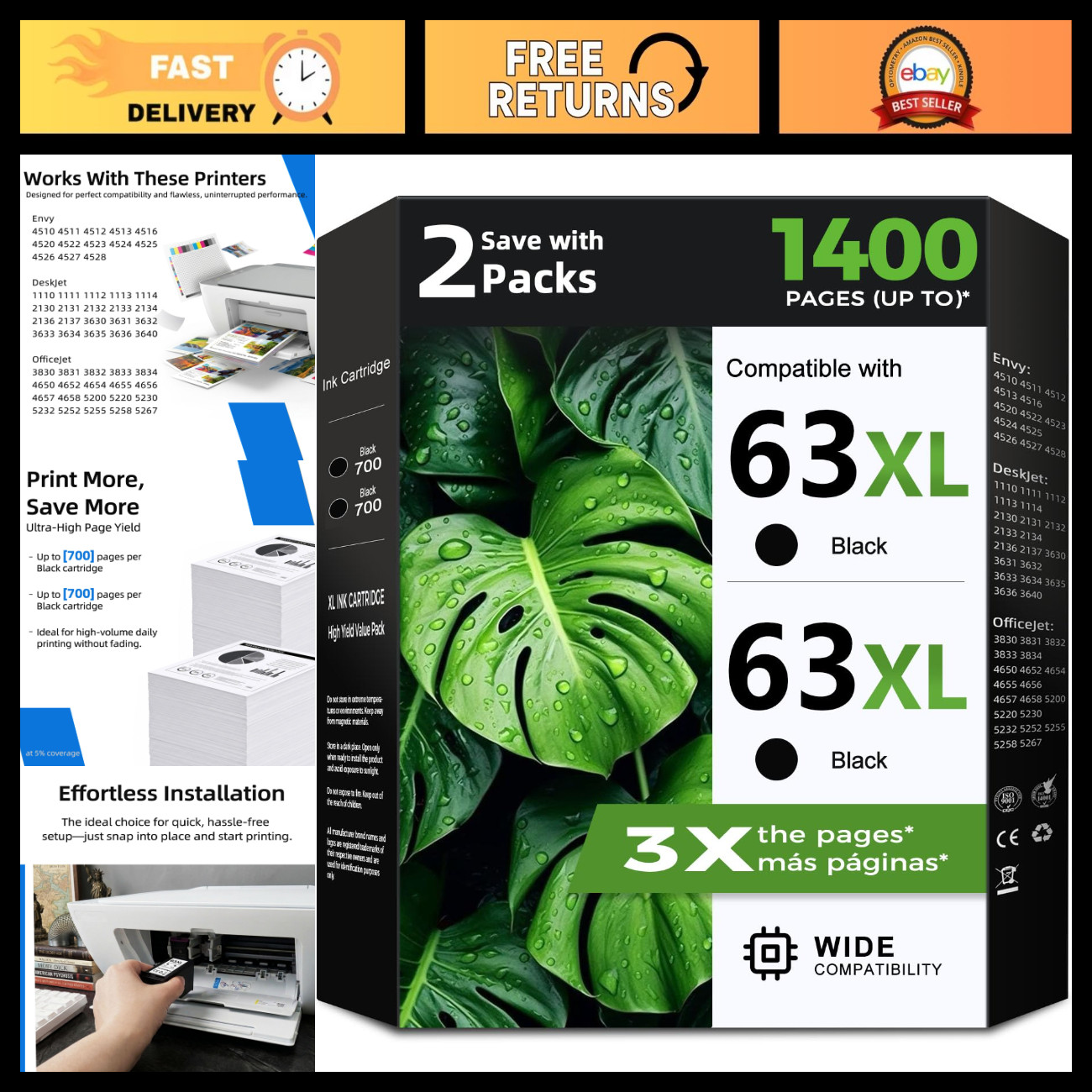 63XL Black Ink Cartridges Replacement - High Yield, 2 Pack for HP Printers