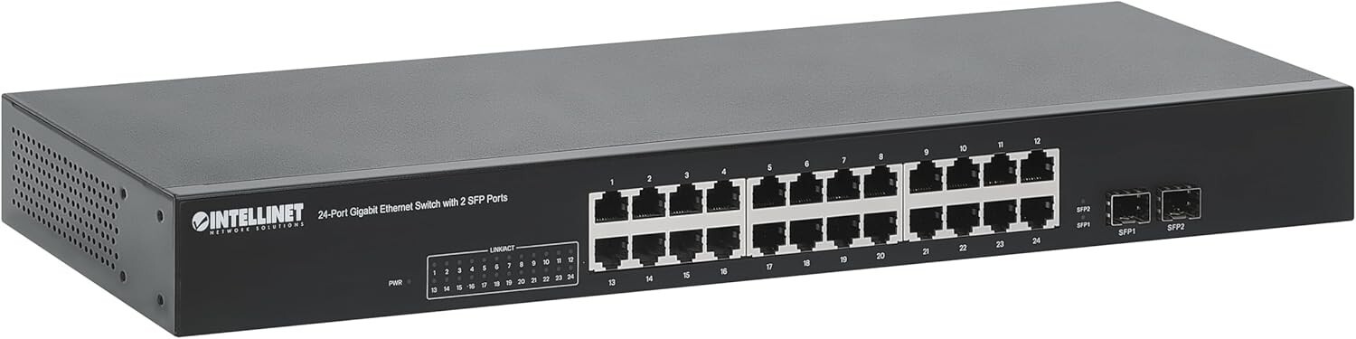 Intellinet 24-Port Gigabit Switch – Unmanaged, 2x SFP, Rackmount, Fanless - NIB