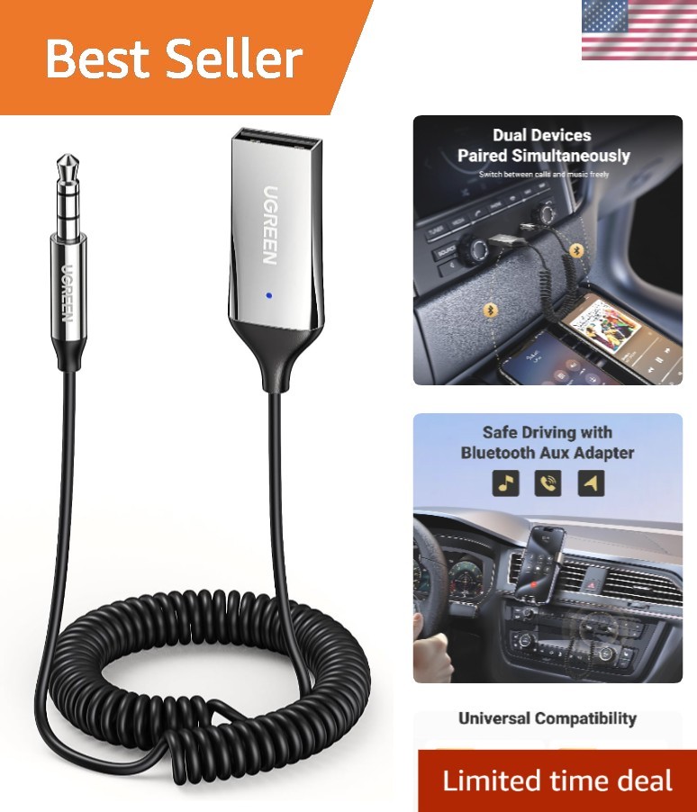 Compact Bluetooth 6.0 Receiver - 3.5mm Adapter for Car with Built-in Microphone