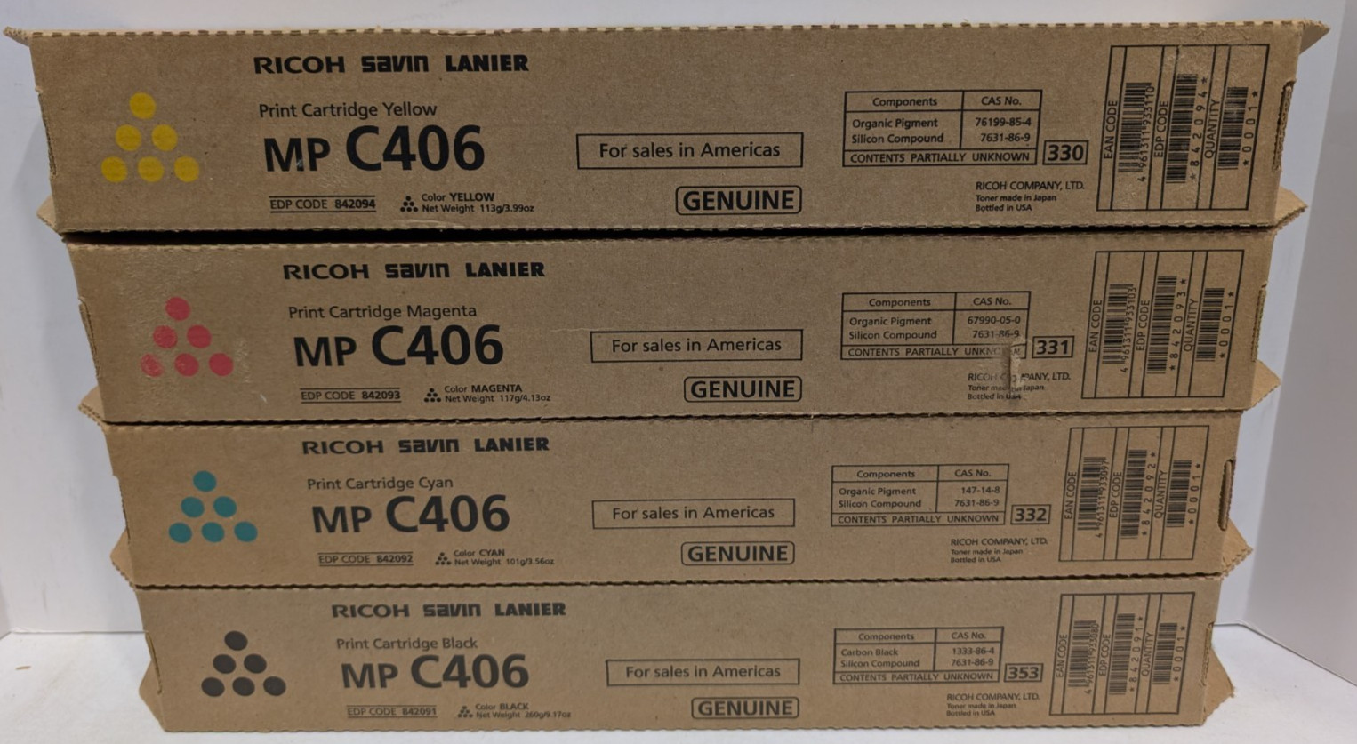 Ricoh Genuine Toner Set MP C406 - CMYK 842091, 842092, 842093, 842094