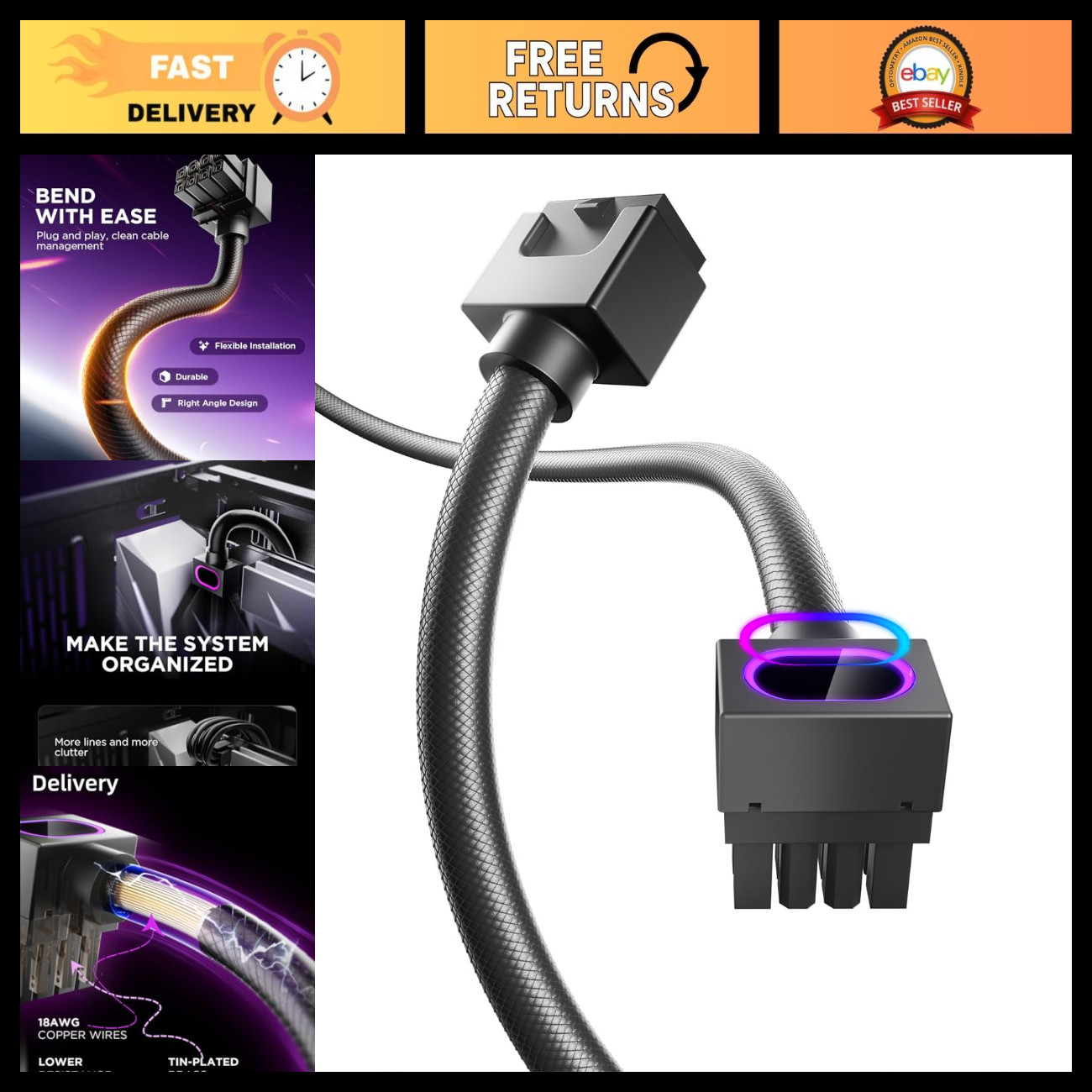 ARGB 8-Pin CPU PSU Extension Cable, Copper Wire, 2000W Power, Minimalist Design,