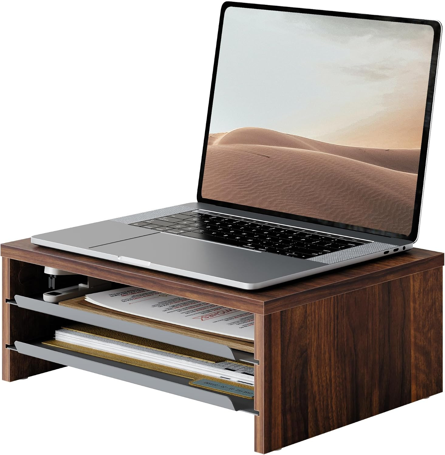 14.3-Inch Monitor Stand with Slide-Out Trays, Wood & Metal Desk Shelf